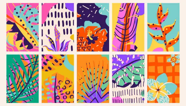 Vector illustration of Tropical pattern vector background set. Exotic card illustration with abstract texture, leaves, flowers in flat trendy modern style. Bright color. Jungle collage illustration