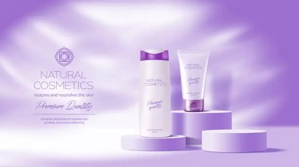 Vector illustration of Purple or lavender cosmetics podium mockup