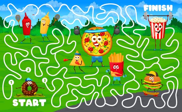 illustrazioni stock, clip art, cartoni animati e icone di tendenza di gioco di labirinto di labirinto con personaggi di fast food - pizza box