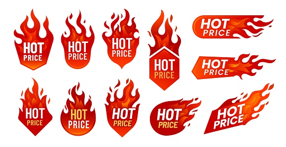 Hot price deal promotion labels with fire flames. Isolated vector tags for discounted items, retail promotions or clearance sales. Badges or icons with red burning blaze tongues, special offer promo