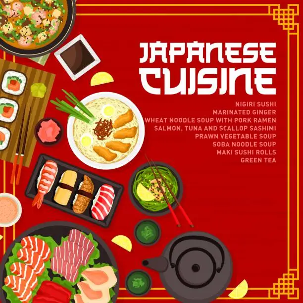 Vector illustration of Japanese cuisine restaurant menu cover design.