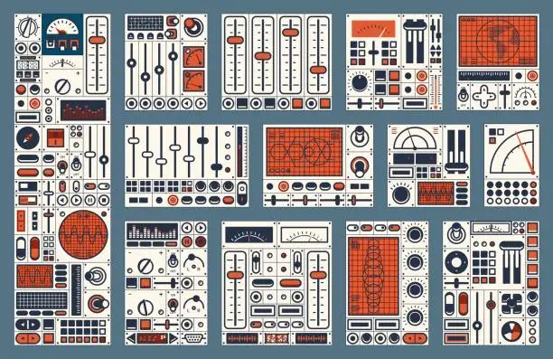 Vector illustration of Retro dashboard. Control panel switch and buttons