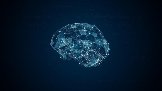 Blue polygon digital brain logo with grid line and ai technology icon rotation on futuristic abstract background artificial intelligence concepts