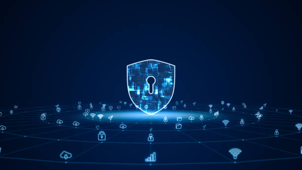 istock Blue digital security shield logo with futuristic technology icon and line connection with circle rotation on abstract background network firewall and authentication system concepts 1498559468