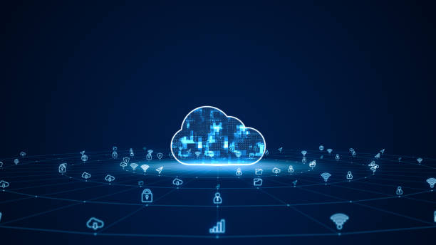 istock Blue digital cloud computing logo with futuristic technology ai icon and line connection with circle rotation on abstract background storage big data backup concepts 1498559485