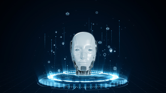 Robot head logo and circle futuristic HUD with Ai chatbot and machine learning technology with artificial intelligence and robot icon concepts on abstract background