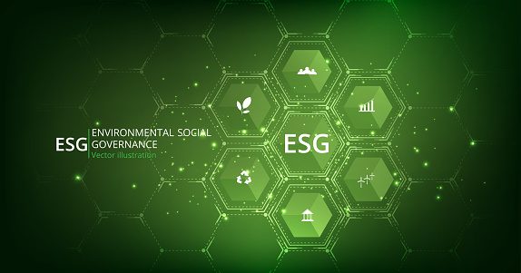 Environmental Social and Governance (ESG) concept. The company developed a nature conservation strategy and Solved environmental, social, and management problems with figure icons.