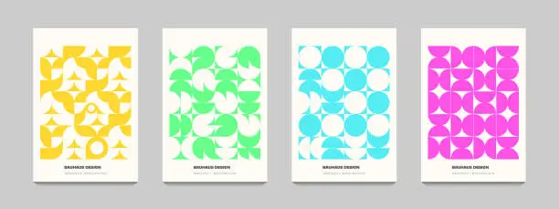 Vector illustration of abstract multi colored round set, geometric bauhaus background, retro styled pattern, traditional concept