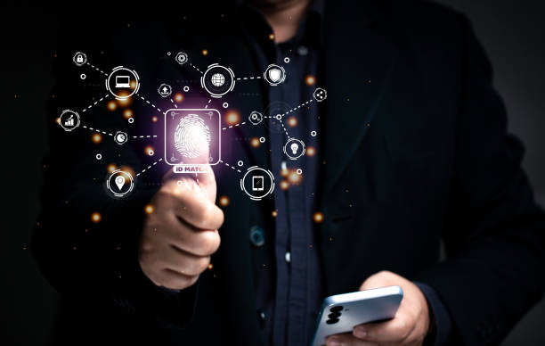 istock online security concept. Businessman scans his fingerprints to verify his/her identity with the system to conduct transactions in various fields, finance, banking, industry, engineering. 1498570128