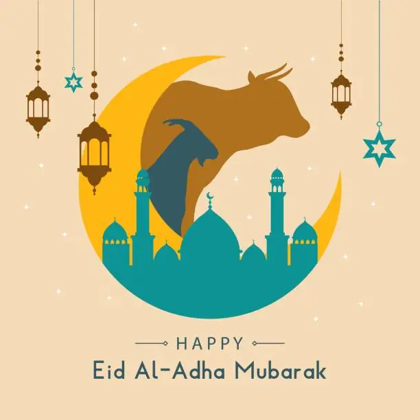 Vector illustration of Qurban in Eid Al Adha Mubarak with Mosque, Stars and Lanterns as Background.