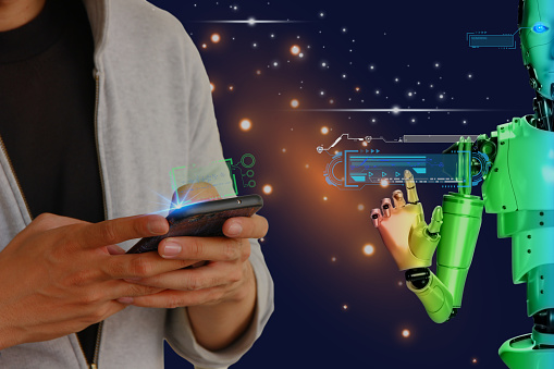 Human Using App Human Using Smart Phone Chatting With Artificial Intelligence Algorithm ...