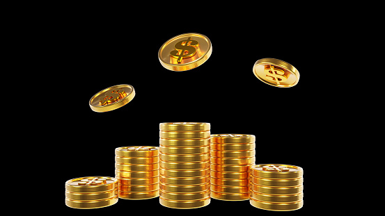 3d rendering of falling dollar coins and money currency in stake on black background, financial market investment trading, saving money concept