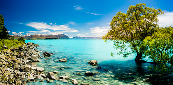 Lake Pukaki is one of the alpine lakes running north–south along on New Zealand's South Island.