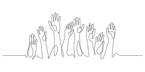 hands up, raised up volunteering,audiences and teamwork continuous line drawing vector illustration