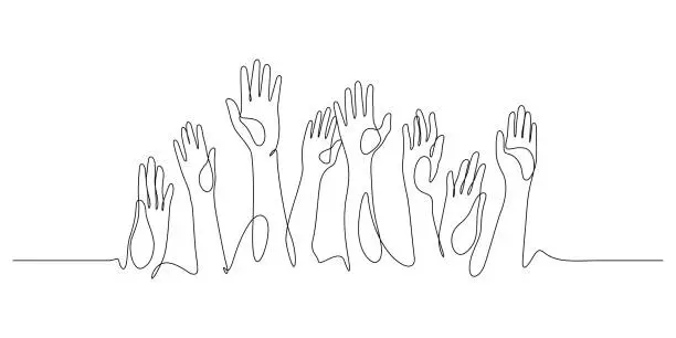 Vector illustration of hands up, raised up volunteering,audiences and teamwork continuous line drawing
