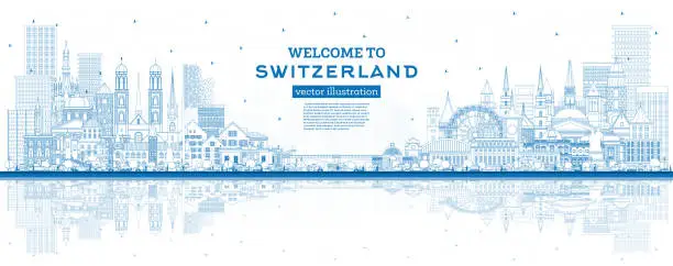 Vector illustration of Welcome to Switzerland. Outline City Skyline with Blue Buildings. Switzerland Cityscape with Landmarks. Bern. Basel. Lugano. Zurich. Geneva.