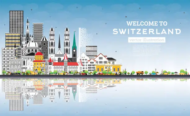 Vector illustration of Welcome to Switzerland. City Skyline with Gray Buildings and Blue Sky. Switzerland Cityscape with Landmarks. Bern. Basel. Lugano. Zurich. Geneva.