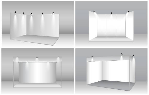 set aus realistischem messestand oder weißem blanko-messekiosk oder standstand corporate commercial. eps-vektor - kiosk stock-grafiken, -clipart, -cartoons und -symbole