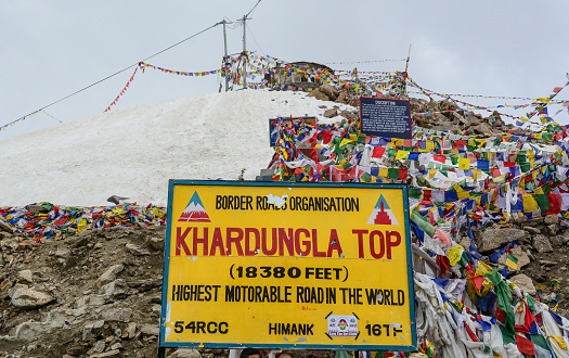Ladakh, India - Jul 18, 2015. Khardungla Top in Ladakh, India. It is the highest motorable pass in the world at 18300ft.