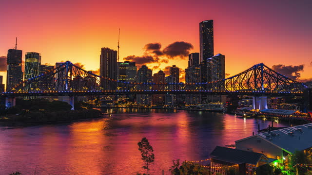4K Footage Day to night Time Lapse of Sunset dawn behind Brisbane Story Bridge and Modern Office Building over Brisbane River