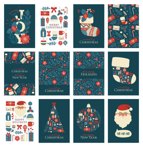 ilustrações, clipart, desenhos animados e ícones de grande conjunto de diferentes cartões de natal e ano novo. ilustrações de coleção e padrões e fundos de férias de inverno perfeitos. impressão para banner, convite, papel de embrulho, capa. - christmas santa claus gift invitation