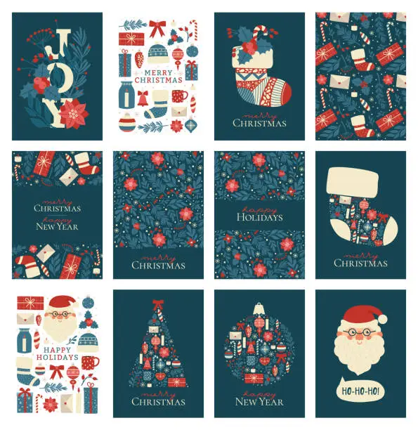 Vector illustration of Big set of different Christmas and New Year cards. Collection illustrations and seamless winter holiday patterns and backgrounds. Print for banner, invitation, wrapping paper,cover.