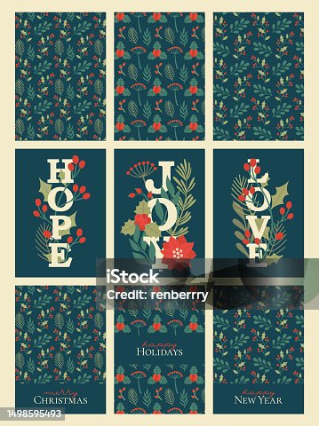 istock Collection of vector Christmas cards and backgrounds with flat winter plants, flowers, text "JOY", "HOPE", "LOVE". Floral illustrations with holly berry, mistletoe, pine branches, leaves, lettering. 1498595493