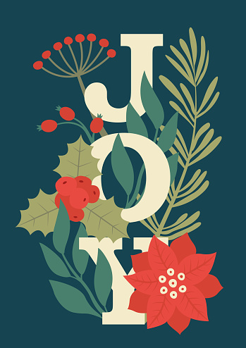 istock New Year, Christmas card with text "JOY", leaves, holly berry, mistletoe, winter floral plants. Creative illustrations for postcard, flyer, brochure in vector flat style. 1498595626
