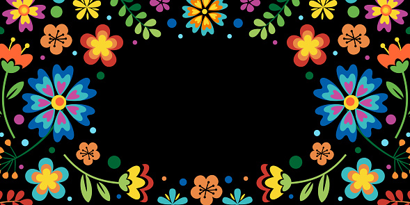 Hispanic heritage month background. Vector web banner, poster, card for social media, networks. Greeting with national Hispanic heritage month, floral pattern on black background.