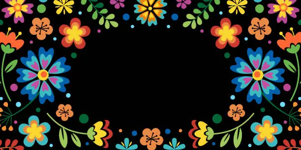 Vector illustration of Hispanic heritage month background. Vector web banner, poster, card for social media, networks. Greeting with national Hispanic heritage month, floral pattern on black background