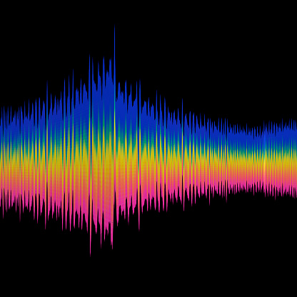 Abstract multicolored sound equalizer wave line on black background.