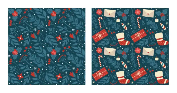 Vector illustration of Set of Christmas and New Year backrounds, patterns. Prints for banner, invitation, wrapping paper, cover with winter plants, flowers, berries, mail, mistletoe.