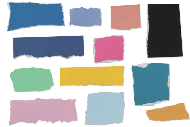 Coloured ripped squares of paper on white background scrapbook. Copy space. Isolated background, Clipping path