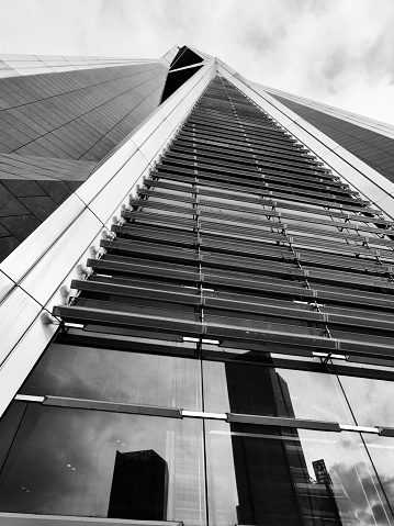 TLow angle view of Ping An International Finance Centre, a 599 mt. megatall skyscraper in Shenzhen, Guangdong. It was completed in 2017, becoming the tallest building in Shenzhen and is currently the 4th tallest building in the world.