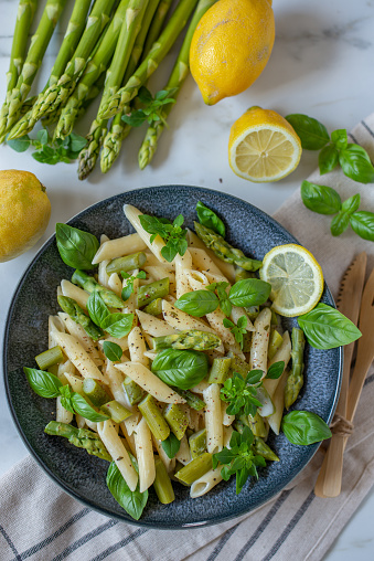 Pasta primavera with asparagus, snap peas and lemon