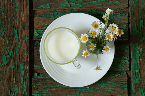 glass of milk and wild daisies on a table in the morning