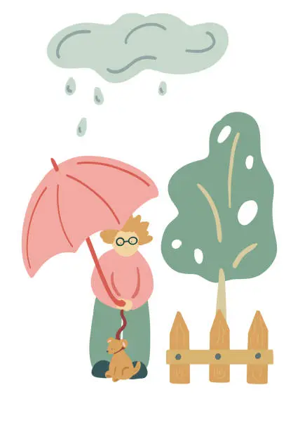Vector illustration of Guy walking with dog under the rain with umbrella