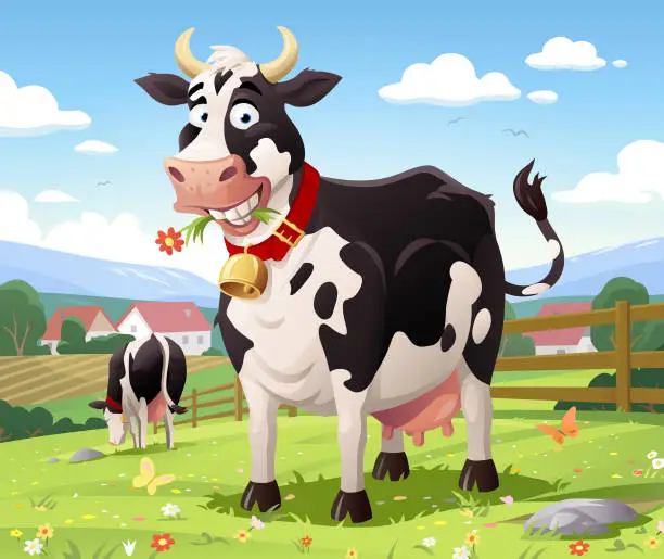 Vector illustration of Cow Grazing On Pasture