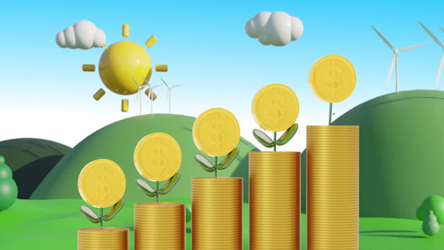 3d animation gold coin growth up on stack with money tree on top. New achievement on business , saving money, investment.