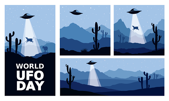 Funny vector illustrations for world UFO day, night landscape with flying saucer over mexico