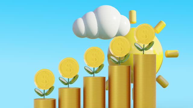 3d animation gold coin growth up on stack with money tree on top. New achievement on business , saving money, investment.