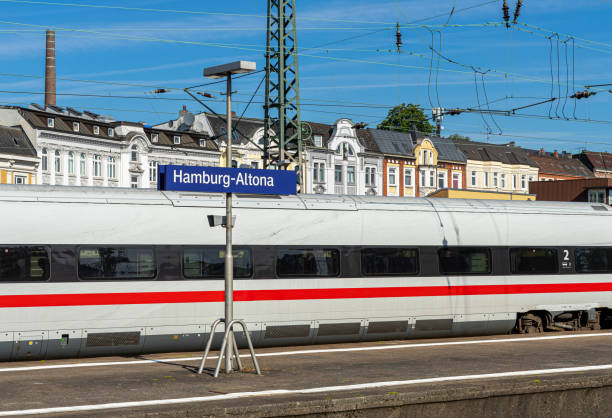 Train at railroad station platform at Hamburg city