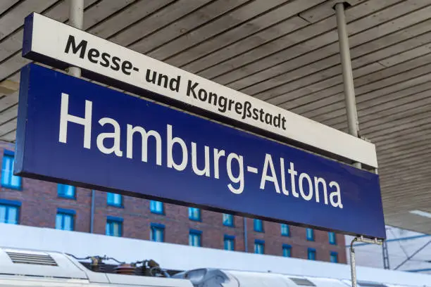 Low angle view of Hamburg railroad station sign, Hamburg Altona