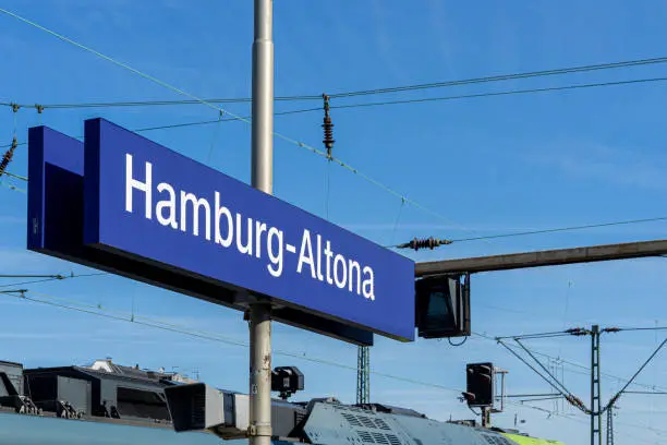 Low angle view of Hamburg railroad station sign, Hamburg Altona