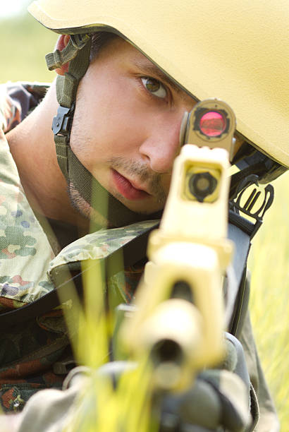 istock Portrait of soldier in helmet targeting 149860220