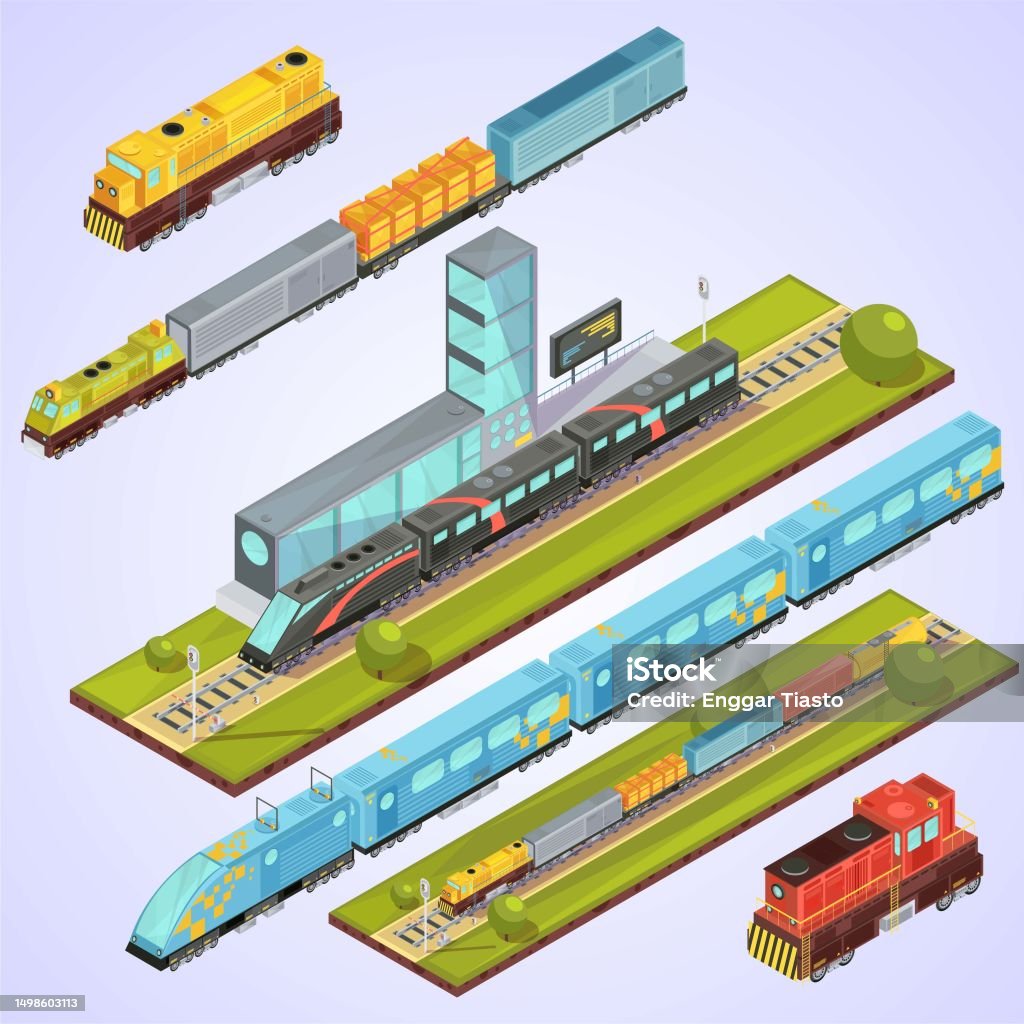 Modern Train Isometric Isometric Illustration Set Vector Design Train Metro Round Composition ...