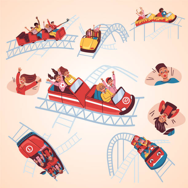 ilustrações, clipart, desenhos animados e ícones de montanha-russa flat set ícones isolados com estilo doodle pessoas andando carros festivos trilhos ilustração vetorial - ferris wheel carnival wheel amusement park ride