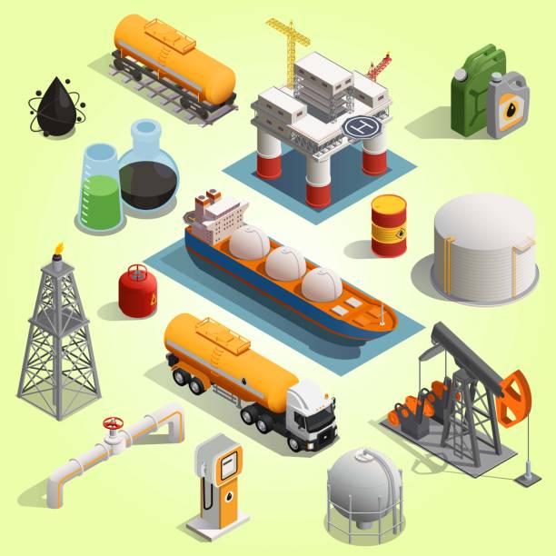izometryczne ikony przemysłu naftowego z ekstraktem rurociąg do transportu produktów rafineryjnych - fuel tanker truck storage tank isometric stock illustrations