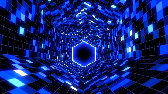 Hexagon flashing tunnel blue lights abstract background.
