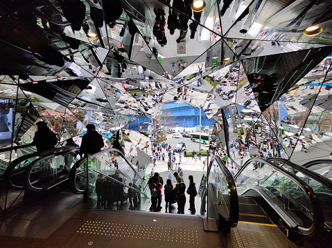 People at the postmodern entrance hall in Tokyu Plaza shopping mall in Omotesandō, one of the most pleasant and most expensive neighborhoods in Tokyo. It’s a major luxury shopping destination. Japan